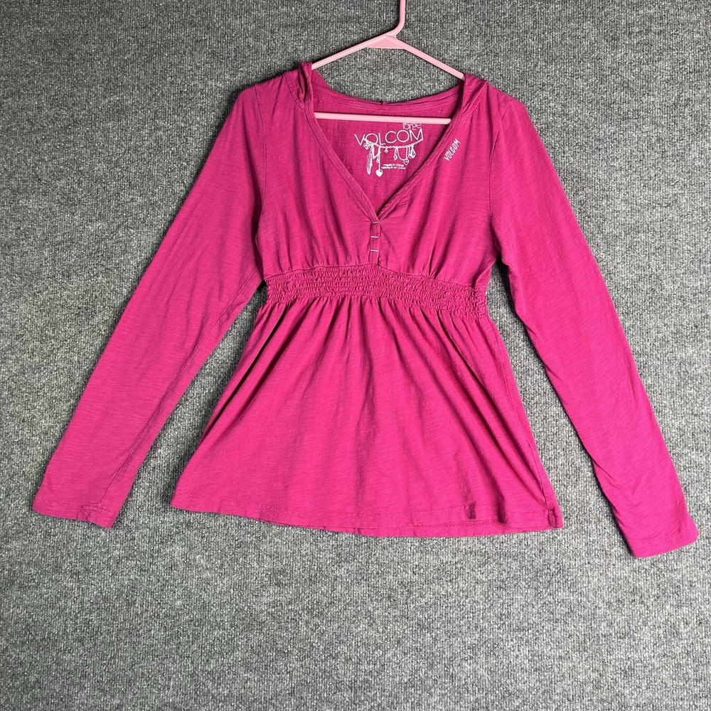 Volcom Babydoll Top Large Y2K Pink Long Sleeve Hooded Smocked Waist‎ V Neck